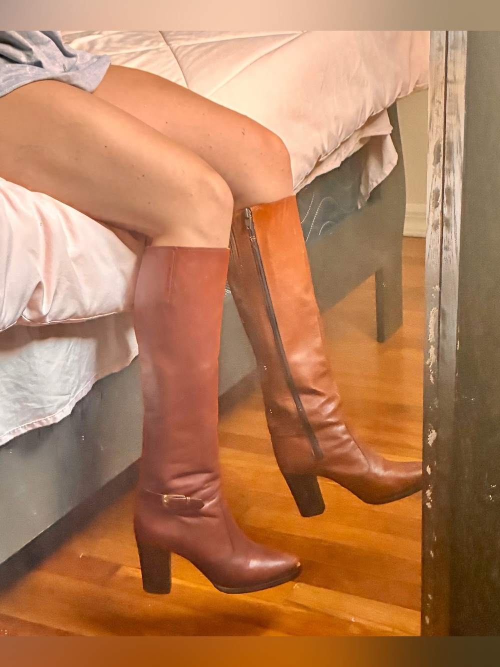 Brown Leather Knee High Block Heel Buckle Boots Cognac Equestrian